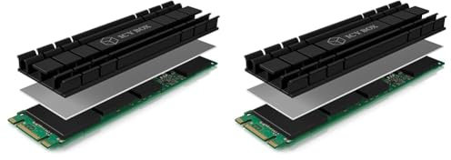 ICY BOX 60361 Flacher M.2 Kühler mit 5 mm Bauhöhe für M.2 SSD (2280), PS5 kompatibel, Aluminium, 2x Silikon Wärmeleitpad, selbstklebend, passiv, Schwarz (Packung mit 2)