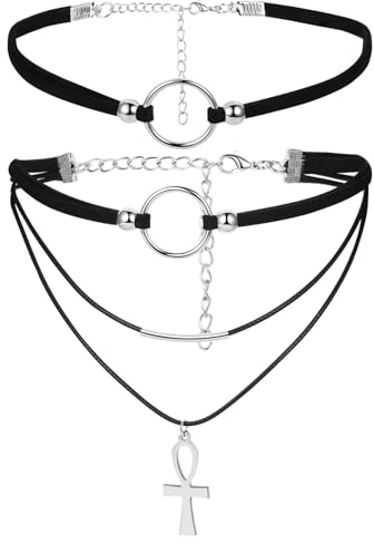 JewelryWe Schmuck Damen Choker Halskette, schwarz gotische Seil Goldrohr Velvet Spitze Choker Tattoo Punk Gothic Länge einstellbare Bogen Knoten Halsband…