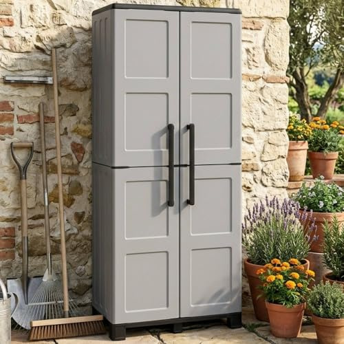 Dmora - Veurne-Außengarderobe, Besenschrank, 2-türiger Außenschrank, 100% Made in Italy, 68 x 37 x 169 cm, Hellgrau und Schwarz, Kariertes Finish