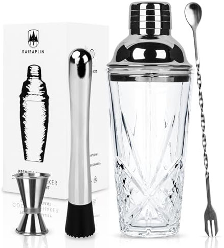 4 Pcs Cocktail Set Mixing Tools for Drinks, Raisaplin Stainless Steel Mixologist Mini Home Bar Bartender Set - Glass Shaker, Fruit Muddler, 10 Cocktail Spoon, 0.5 oz 1 oz Double Jigger - Silver