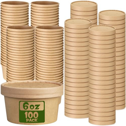 Fulmoon Confezione da 100 contenitori di carta usa e getta con coperchio, contenitori per alimenti in carta kraft con coperchi ventilati, contenitori per gelato, zuppe, gelati, zuppe e ristoranti (170