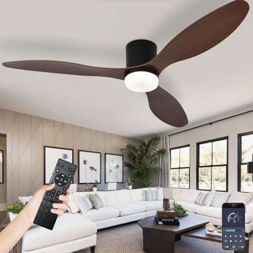 AQLEDY Ventilateur Plafond Silencieux Avec Lumiere, Lustre Ventilateur Design Avec Telecommande, Ventilo Plafond Avec Lampe Intégrée DC Réversible 6 Vitesses Pour Salon Chambre-Black-WoodGrain||52in