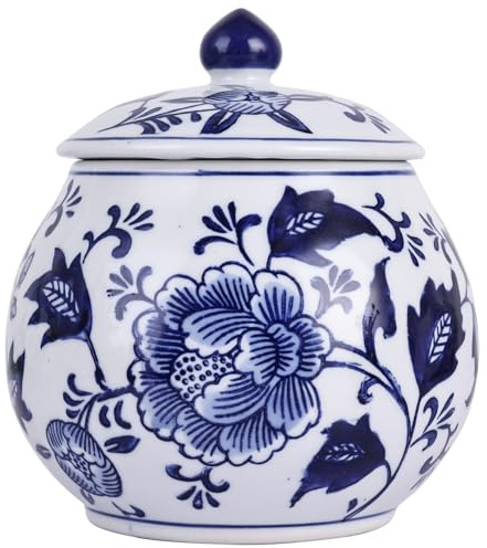 Ming And Qing Dynasty Style Blue and White Porcelain Ginger Jar - Hand-Painted Floral Chinoiserie Decorative Jar, Ceramic Flower Vase & Storage Jar for Home Decor, Tea, or Snacks (Qhua Jar)