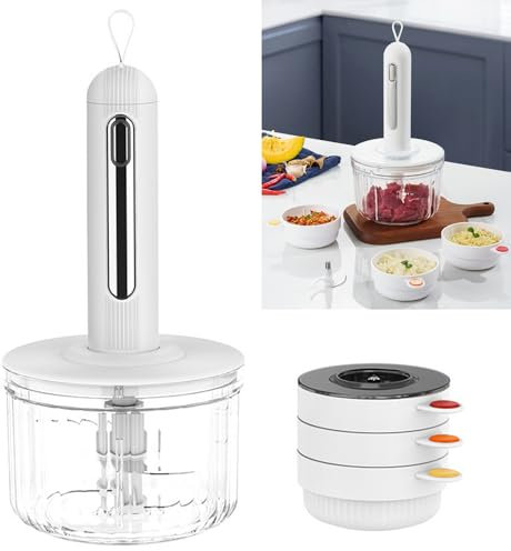 Robot Culinaire Sans Fil, Bol En Verre Épais De 1,5 L Avec 3 Mini-bols De 150 Ml, Hachoir À Viande Électrique Portable Avec Chargeur De Type C Et Coupe-légumes Pour Viande, Légumes, Fruits ,White