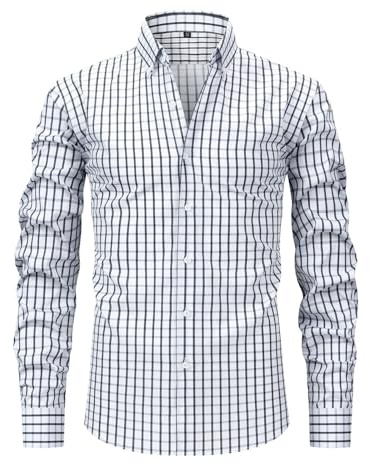 Foweknow Chemise à carreaux à manches longues pour homme - Col revers - Chemise à carreaux - Chemise d'été décontractée - Coupe droite - Avec poches - Respirante - Légère