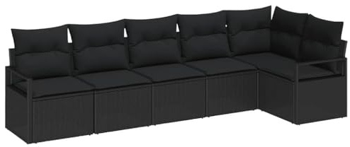 vidaXL Gartensofa-Set mit Kissen 6 pcs Schwarz Poly-Rattan, Stylisches Garten- und Terrassenmöbel, modernes Rattan-Sofa, wetterfest, vielseitige Sitzmöglichkeiten