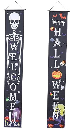 UKCOCO 1 par de banderines para puerta de Halloween con decoraciones creativas de esqueleto, reutilizables y ligeras, para fiestas y jardín, fabricados de larga duración