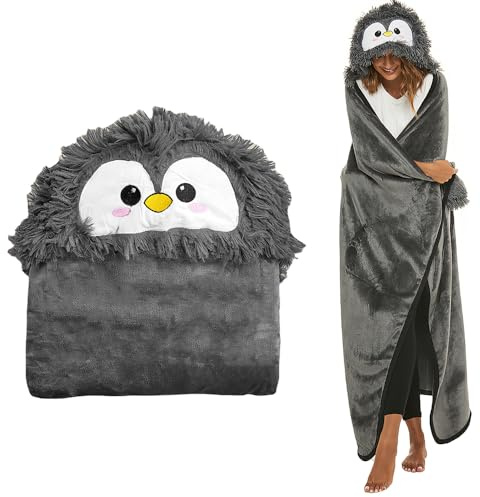 YANGUN Coperta Indossabile, Coperta con Cappuccio Indossabile, Flanella per Donna e Uomo, Coperta Indossabile con Maniche, Ideale per Regali di Natale, Compleanni per Donn(150x125cm, Pingouin)
