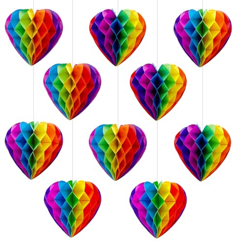 10 Pcs Rainbow Party Decorations Rainbow Birthday Decorations, Heart Paper Honeycomb Balls Hanging Pride Decorations for Party Celebration Wedding Decorations