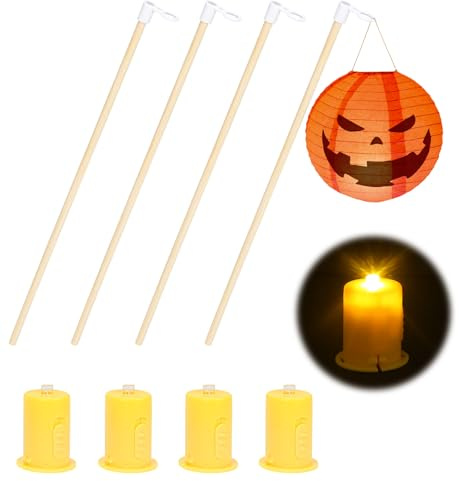 Laternenstab Holz mit LED, 4 Stück Klein LED Laternenlichter und 4 Stück Laternenstäbe Holz, Laternenstab Warmgelb, 30 cm Laternenstäbe mit Licht für Halloween, St. Martin's Day, Kinderparty (4pcs)