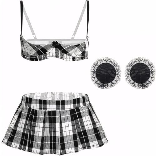 KFLY Sexy Lingerie Set for Women Naughty Babydoll Quarter Cup Bra Mini Pleated Skirt Nipple Covers Anime Schoolgirl Cosplay Outfits Hollow Halloween Costumes Clubwear Cocktail
