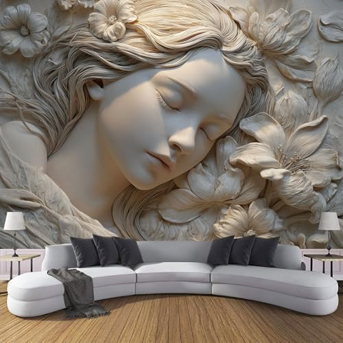 Carta Da Parati 3D Effetto, Moda XXL Design Capelli Lunghi Bella Donna Fotomurali in TNT Fiori Sollievo Fotomurale Bianco Moderna Decorazione da Parete per Camera da Letto Soggiorno 350× 256cm