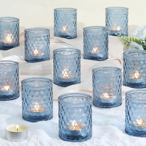 LETINE 12 Stück Blau Teelichthalter, Glas Kerzenhalter, 6,7 X 5,5 cm | Langlebig und Hochwertige Teelichtgläser, Kerzengläser Geeignet für Partys, Festivals, Hochzeiten, Heimdekoration