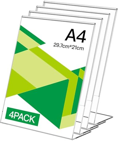 Zyiphor Lot de 4 Porte Affiche A4 Presentoir A4 Incliné Présentoir de Table Porte Menu Transparente Acrylique pour Restaurants, Hôtels (21x30cm)