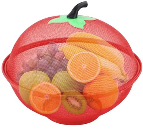 Obstschale mit Deckel, 27, 9 cm, Metalldrahtgeflecht, Obstkorb mit erhöhtem Boden, stilvoller und funktionaler Lebensmittelkorb für die Küche, rote Schüssel mit Deckel mit