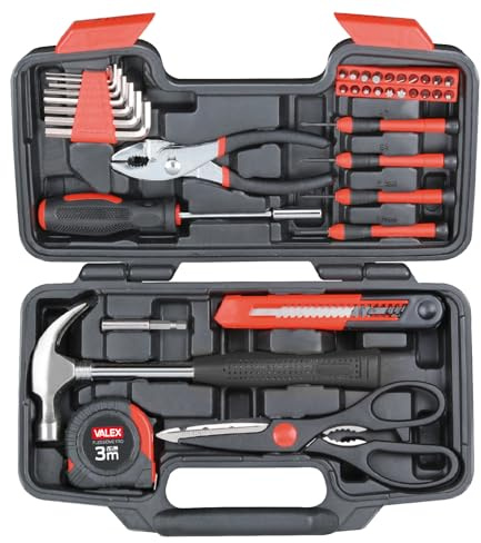 Valex Set di Utensili in Valigetta, 39 Pezzi – Kit Attrezzi Multifunzione Portatile con Cacciaviti di Precisione, Chiavi Esagonali, Pinza, Martello, Cutter, Flessometro e Forbice