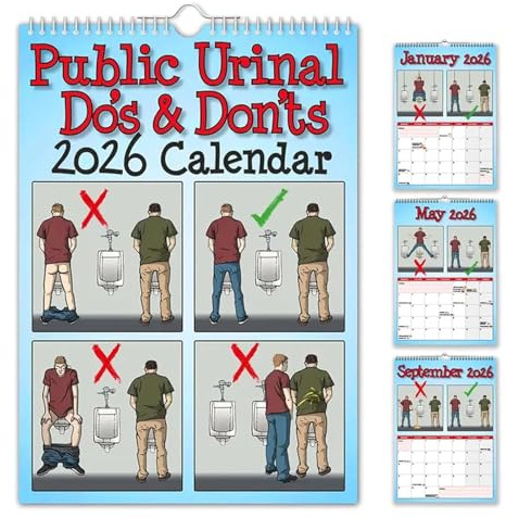 Calendrier 2026 : Ce qu'il faut faire et ne pas faire aux urinoirs publics - Calendrier humoristique à spirale avec illustrations des règles de bienséance aux toilettes (1Pc)