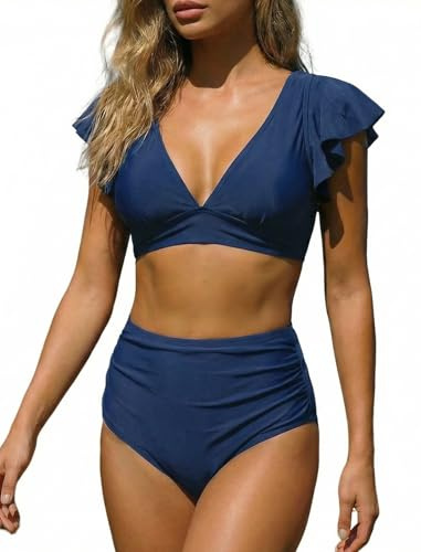 OUSIMEN Tvådelad baddräkt dam bikini set V-ringning med volangärmar hög midja formande baddräkt