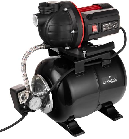 LEHMANN Groupe de Surpression HP1, 800 W, 5200 l/h, Réservoir en Acier Inoxydable 19 L, Hauteur de Refoulement 43 m, Profondeur d’aspiration 8 m, Auto-amorçante, Filtre & Manomètre, Noir