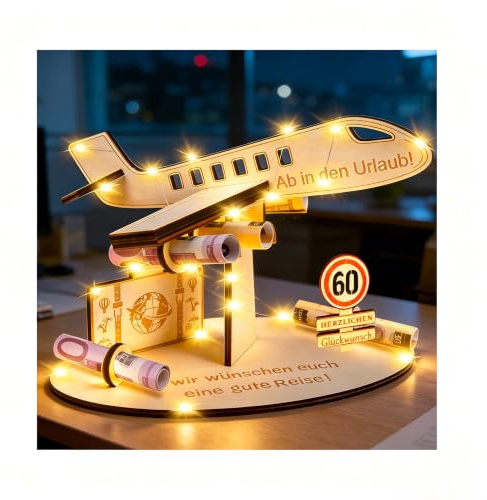 Geldgeschenk Reise und Geburtstag, 60 Geburtstag für Frauen und Männer, 3D Holz Flugzeug Geldgeschenk Reise, Reisekasse Geschenke für Damen Herren