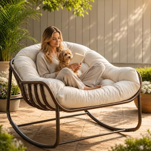 GarveeMore Papasan-Schaukelstuhl mit Stahlrahmen und Kissen, 93×84×64 cm | Breite Sitzfläche mit weichem Kissen | Für Wohnzimmer, Terrasse und Balkon | Bis 136 kg | Farbe: Kissen Creme