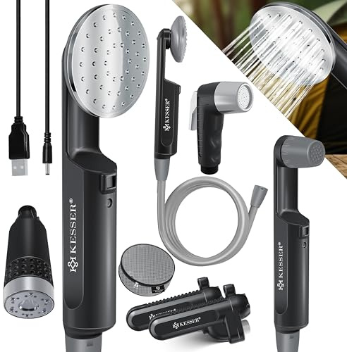 KESSER® Douche de Camping avec Batterie | Pompe immergée | Pommeau de Douche | 2 Batteries au Lithium de 2200 mAh, câble de Chargement USB, pour Camping, Jardin, Voiture Noir Gris