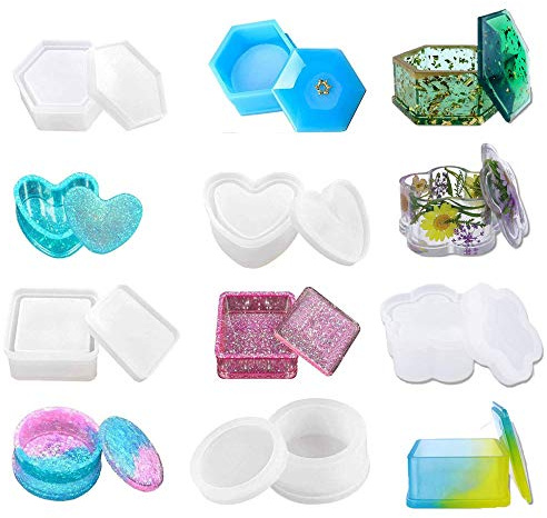 Boxes Casting Resin Mould 5 Packs Silicone Box Epoxy Mould Hexagon Heart Round Square Flower Storage Jewelry Box Making Molds for Handmade Craft DIY Art Supplies