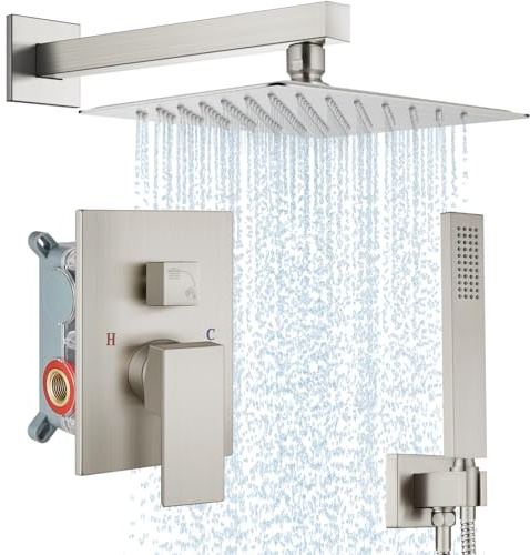 Midanya Shower Faucet Set,Wall Mount Shower System with Square Rain Shower Head and Hand Sprayer, Rough-in Valve Body and Trim Kit Included,10 Inch,Brushed Nickel