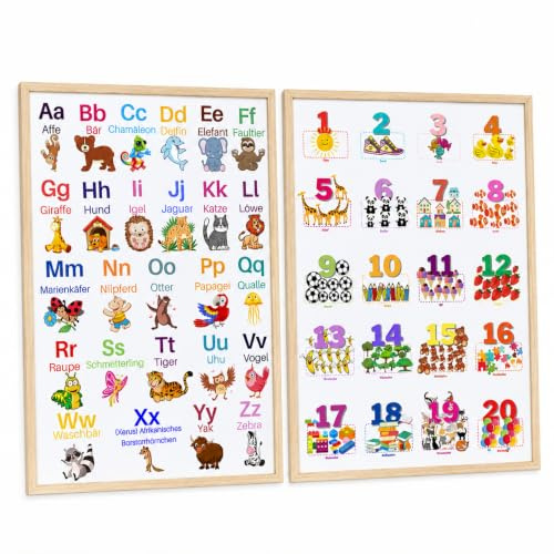 CLEAN SPORTS® Alphabet und Zahlen DinA1 Lernposter für Kinder - ABC und Zahlen von 1 bis 20 lernen mit zwei großen 59,4cm x 84,1cm Poster für´s Kinderzimmer - Kinderposter Tiere lernen