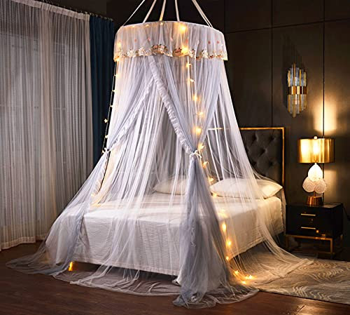 VARWANEO Prinzessinnen-Betthimmel, Moskitonetz, doppellagig, elegante Stickerei, Spitze, durchscheinend, Kuppelbett, Bettvorhang für Doppelbett, Queen-Size-Bett, mit LED-Lichterkette (grau/weiß)