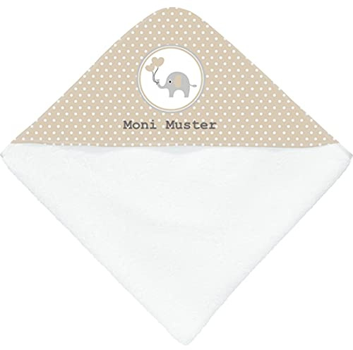 Manutextur Kapuzenbadetuch mit Namen - personalisiert - Motiv Elefant Sand - viele Motive - Kapuzenbadetuch- weiß - Größe 100x100 cm - persönliches Geschenk mit Wunsch-Motiv und Wunsch-Name