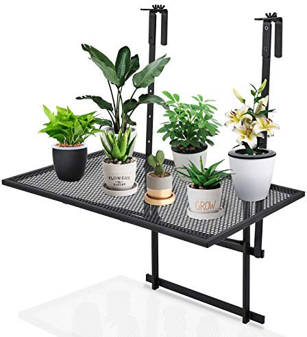 RELAX4LIFE Balkonhängetisch 5-stufig höhenverstellbar, Hängetisch Eisen, Beistelltisch klappbar, Balkontisch bis 20kg belastbar, Klapptisch mit Halterung zum Einhängen, Balkon Garten Terrasse, Schwarz