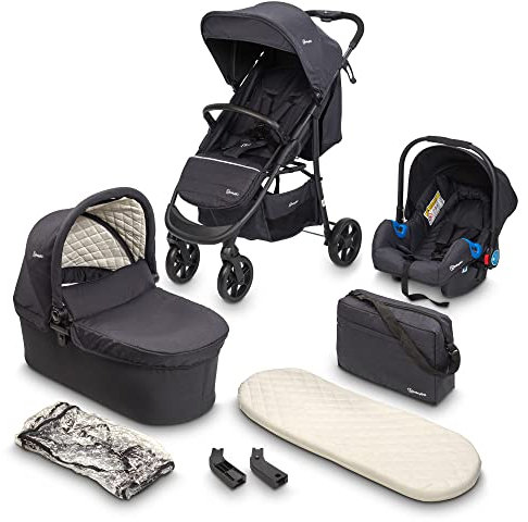 BABYGO Kinderwagen 3 in 1 Styles - Sportaufsatz und Wanne jeweils separat und Auto-Babyschale - Wickeltasche/Regenschutz/Matratze - Schwarz