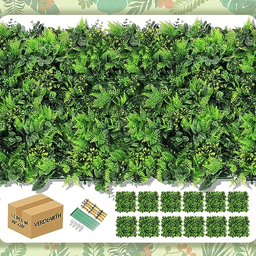 VERDEARTH 12PCS 20x20 Artificial Plant Wall Panels, Foliage Topiary Hedges Panels, Plastic Faux Shrubs Fence Mat, Greenery Wall Backdrop Decor, Home Garden Outdoor Wall Decoration