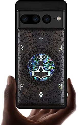 Carveit Designer Wooden Case for Google Pixel 7 Pro Case Cover [Wood Engraving & Shell Inlay] Unique Wood Phone Case Compatible with Wireless Chargers Pixel 7 Pro Case (Thors hammer-Blackwood)