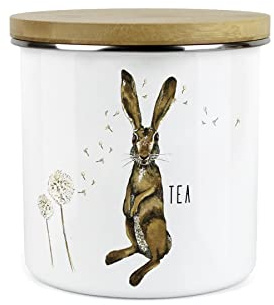 Purely Home Hares and Dandelions Tea Storage Canister by Rhiannon Chauncey - White Metal Enamel Kitchen Food Storage Container