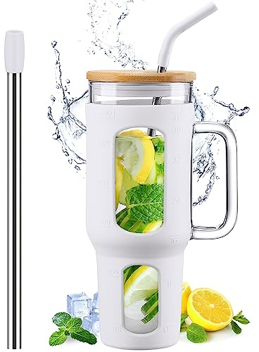 WINSA Glass Tumbler with Lid and Straw, 46 oz Iced Coffee Cup with Handle, Large Water Bottles with Silicone Sleeve, Glass Cup with Straws - Pearl Straw & Drinking Straw BPA Free-White