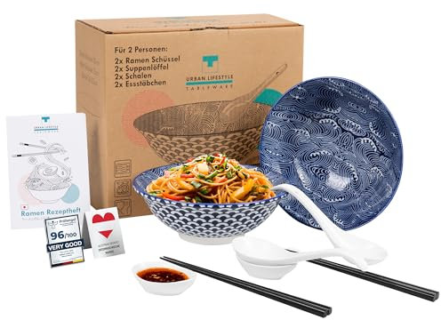 Urban Lifestyle – Juego de 8 Cuencos Ramen de Porcelana 1 L · Para 2 Personas con Cuencos, Cuencos para Salsa, Cucharas y Palillos · Ideal para Bol Ramen, Ramen Bowl, Udon, Pho y Ensaladas (Seigaiha)