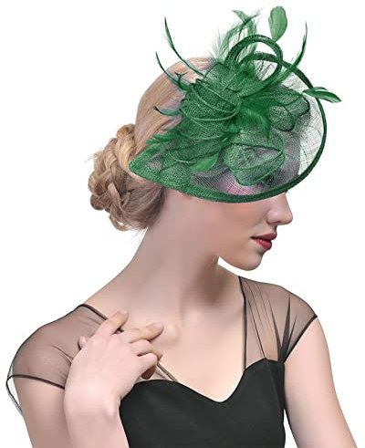 Fascinator Damen Hochzeit Kopfschmuck Hüte Hat Clips Haarclip Hut Stirnband Tea Party Mesh Kopfbedeckung Frauen Pillbox Hut Haarschmuck für Cocktail Halloween Oktoberfest Gothic Grün