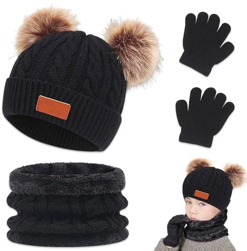 Udbrud 3 in 1 Kinder Wintermütze Schal Handschuhe Set, Winter Strickmütze Warme Beanie Hut für Jungen Mädchen, Babymütze Runder Schal Set für Kinder 2-8 Jahre (Schwarz)