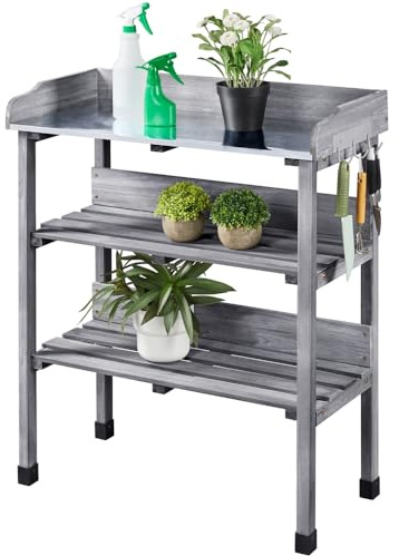Yaheetech Table de Rempotage Extérieure en Bois Table pour Semis Bois Sapin avec Étagère de Rangement 3 Crochets Latérales Gris