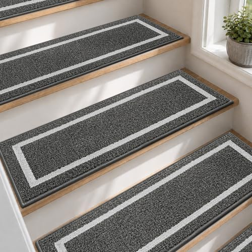COSY HOMEER 4 Stück Treppenstufen Matten 70x22cm, Schwarz | Stufenmatten innen, melierte Struktur mit hellem Rahmen, TPE-Rücken ohne Klebeband, rutschfest, waschbar