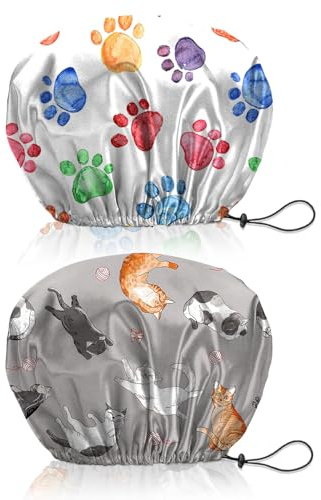 BHAHB 2 Stück Duschhaube, Doppelschicht Wasserdicht Elastisch Einstellbar shower cap wiederverwendbar,ästhetisch,niedlich Duschhaube für Damen (V13-Pfoten-Katzen)
