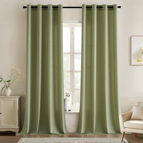 MIULEE Gardinen Voile Vorhänge mit Ösen 2er Bohnengrün 140x245cm | Halbtransparente leichte Voile Vorhänge mit Metall Ösen, lichtdurchlässig, modern für Wohn- und Schlafzimmer