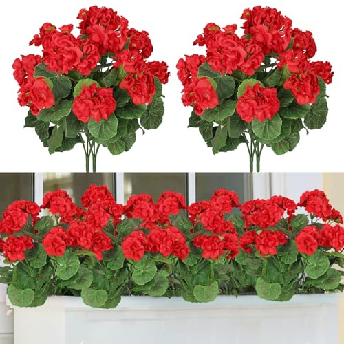 ASTNIC 4 Bündel Künstliche Geranien Seidenblumen Rot im Freien und Innen | UV-beständige Faux Geranie Blumen Dekoration Balkonpflanzen für Hochzeit Balkon Garten Zuhause Fenster Box Tischdekoration