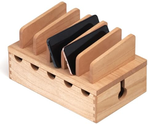 KIRIGEN Wooden Cell Phone Stand Charging Station Desktop Charging Dock Holder Wood Desk Multi-device Cords Organizer Stand Charger Dock Cradle Rack for Home and Office(DDXH-NA) ﻿