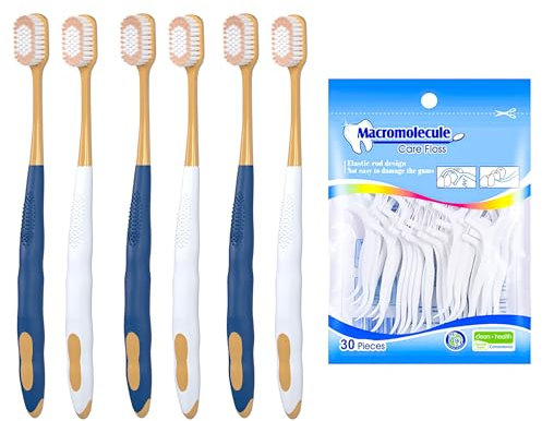 Lot de 6 brosses à dents à tête large pour adulte - Brosse à dents manuelle ultra douce - Nettoyage efficace des dents sensibles ou gingivales - Avec 1 lot de 30 cure-dents - Double nettoyage