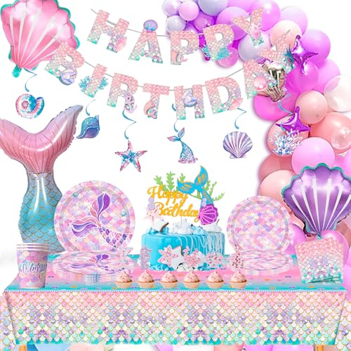 Mermaid Party Tableware Kit, 10 Guests Mermaids Decorations Plates Table Cloth Banner Hanging Swirls etc Mermaid Party Supplies