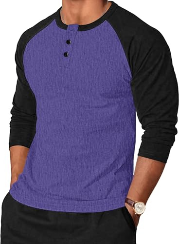 TARAINYA T-Shirt Henley Hommes Coton Manches Longues Casual col Mao Shirts Casual avec Boutons Décontractées Regular Fit Violet Noir M