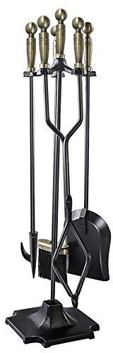 Lot de 5 outils de cheminée en fer forgé, brosse tisonnier, pince, support pour outils de cheminée avec emplacement sur piédestal, 81,3 cm de haut